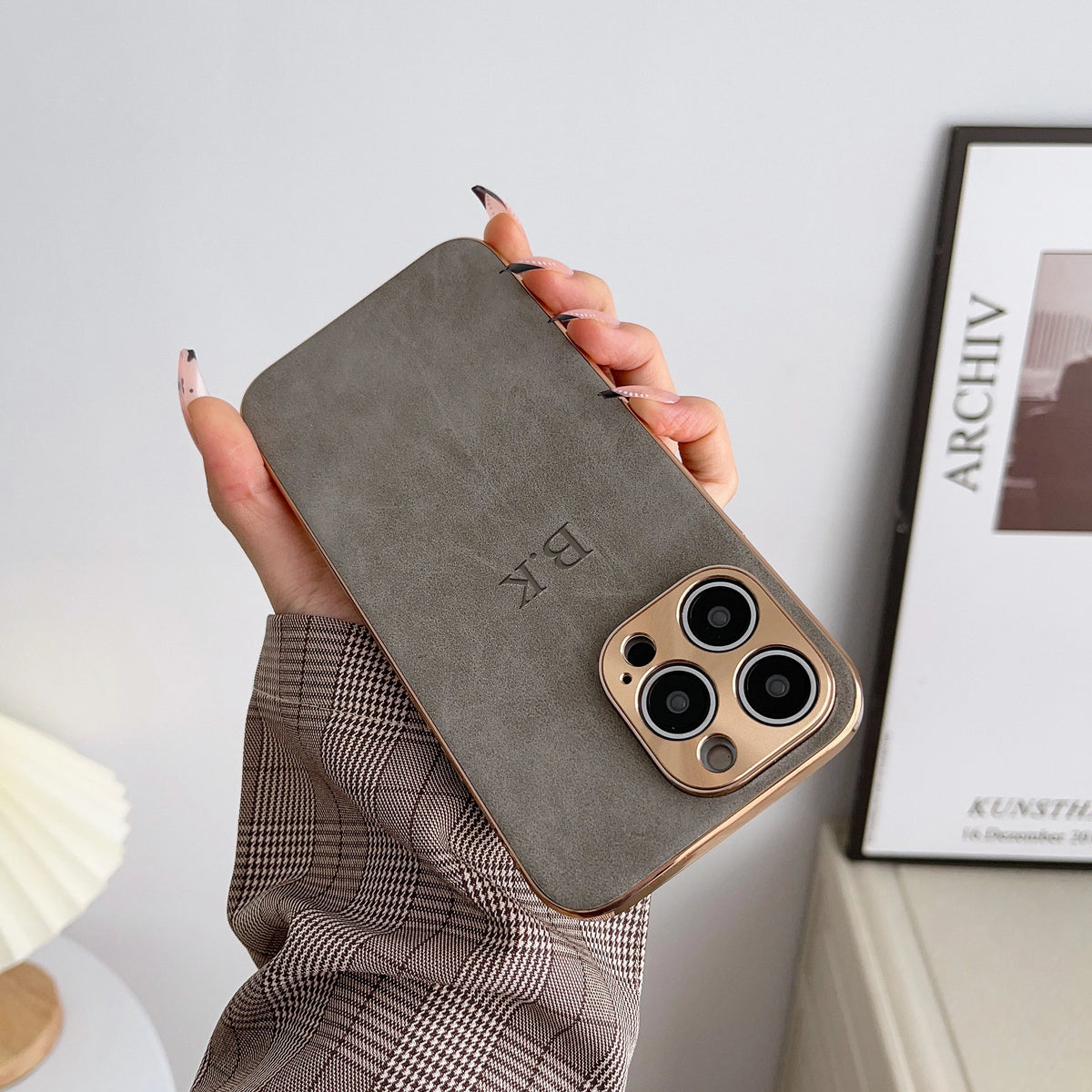 Leather Personalised Customized Name Case For Iphone 11 12 13 14 15 16 17 Pro Max 17 Air Plating Frame Lambskin Initials Cover