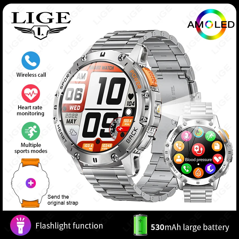LIGE 1.43 Inch AMOLED Screen Bluetooth Call Flashlight 530mAh Outdoor Men Smart Watch Sports Health Monitor For Android IOS K65