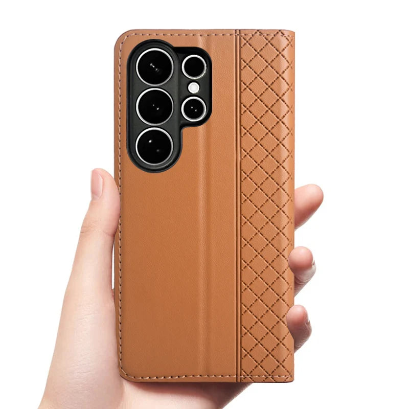 Flip Case For SAMSUNG Galaxy S26 S25 S24 S23 Ultra Plus FE 5G Genuine Leather Magnetic Cover Cowhide Grid Pattern Wallet Cases
