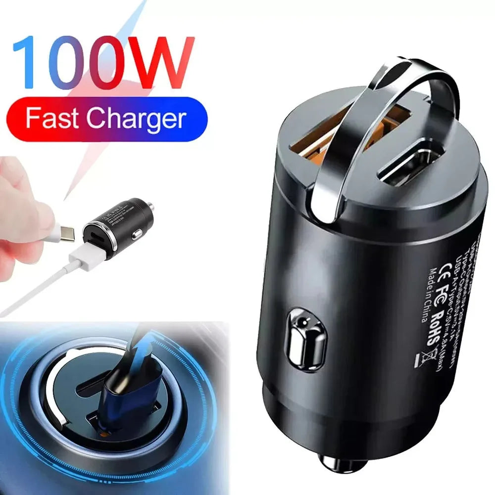 100W Metal Alloy Mini Car Charger Car USB Charger Super Fast Charging Dual Ports USB-A USB-C Hidden Phone Car Charger Adapter