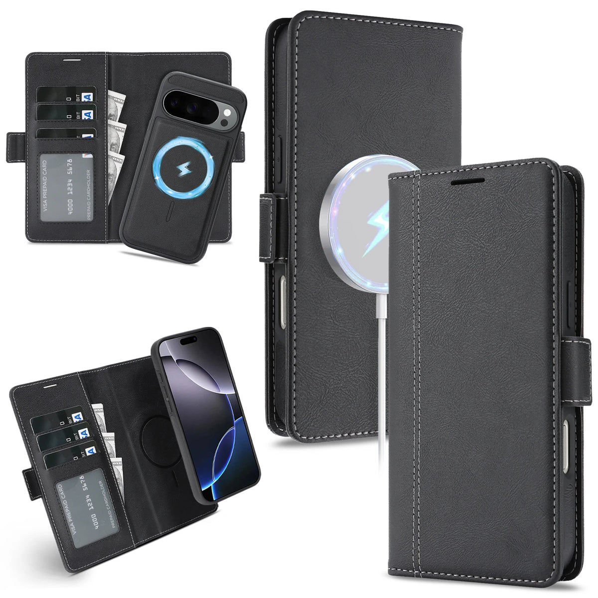 2 In 1 Leather Case For Google Pixel 9 9a 9Pro 10 Pro 10Pro XL Cash Card Slots Wireless Charging Magnetic Wallet Phone Cover