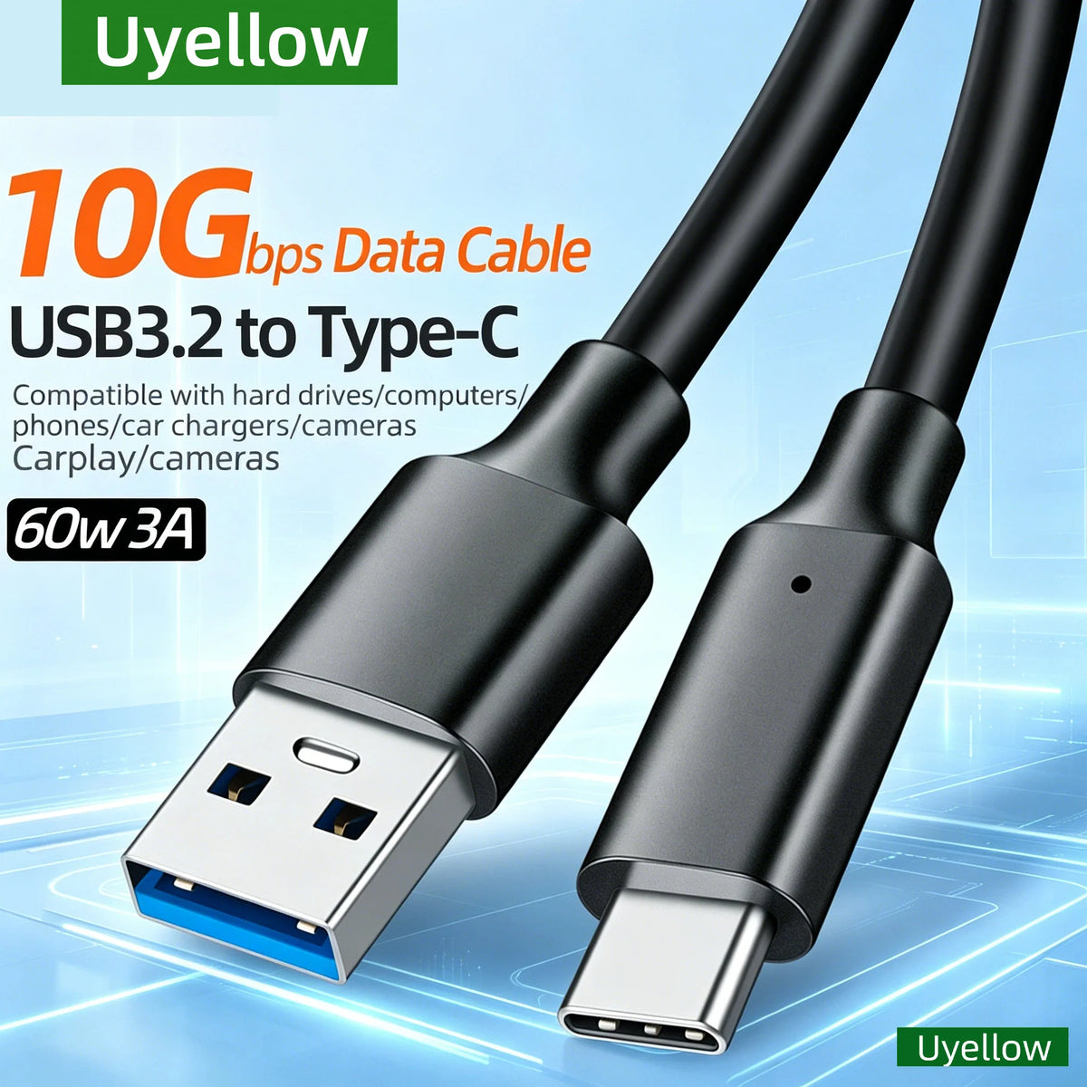 Uyellow USB C Cable 10Gbps USB3.2 A to USB C for iPhone 17 16 15 iPad Samsung S25 S24 for Switch M2 SSD NVME USB3.2 Data 60W 3A