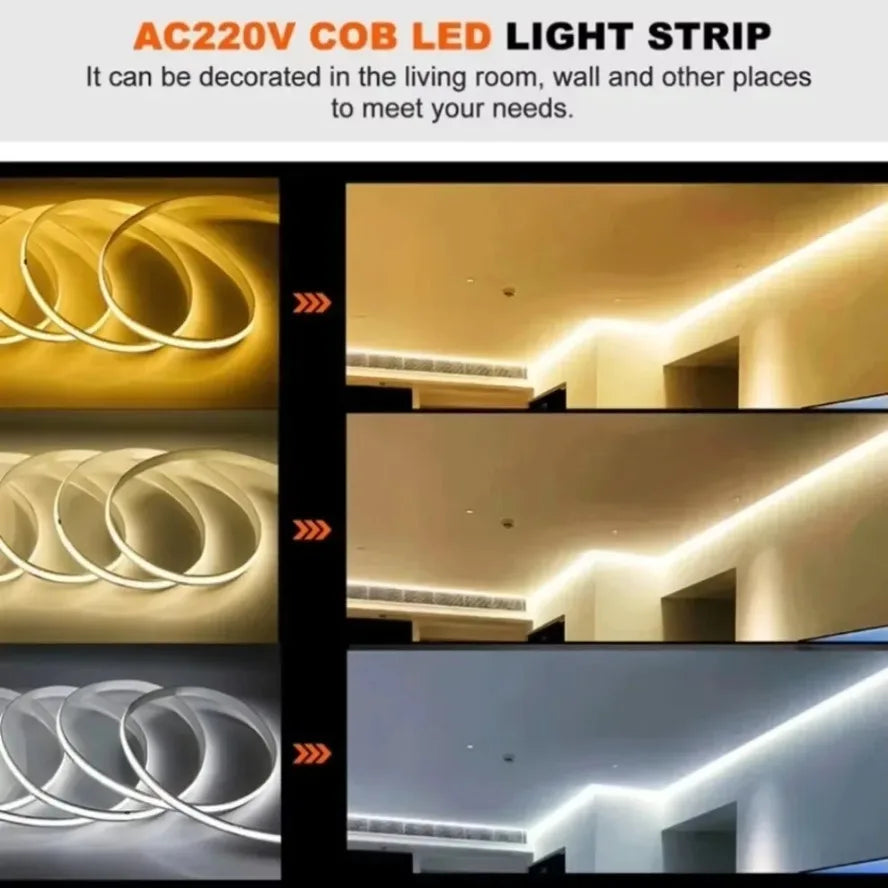 AC220V COB LED Strip Light Flexible Tape Lights Smart IC No Need Driver High Bright 240 LEDs Linear Lighting RA95 Warm White 5m