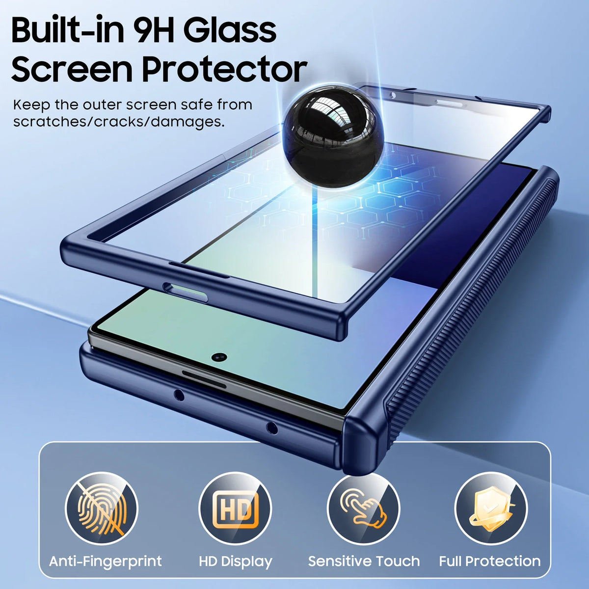 Magnetic Case for Samsung Galaxy Z Fold 7 with Hidden Kickstand, Built-in 9H Glass Screen Protector & Hinge Protection-Blue