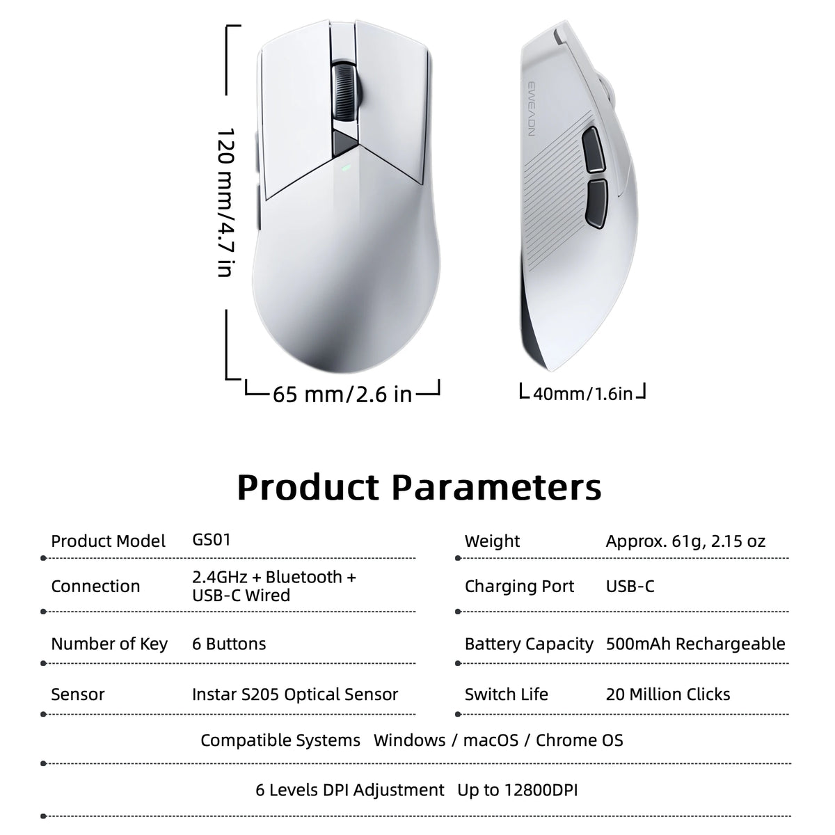 Wireless Mouse Rechargeable 3 Mode BT 2.4G Wired Lightweight 61g Gaming Mouse 12800 DPI 1000Hz Polling Rate Mouse for PC Laptop Office Gaming