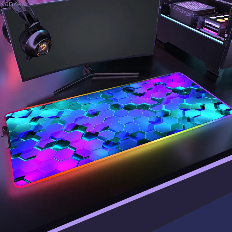 RGB Hexagonal Mouse Pad 900x350 LED Gaming Anime Geometric Luminous Anti-skid Computer Offices Cool Mousepad Desk Mat Laptop Rug