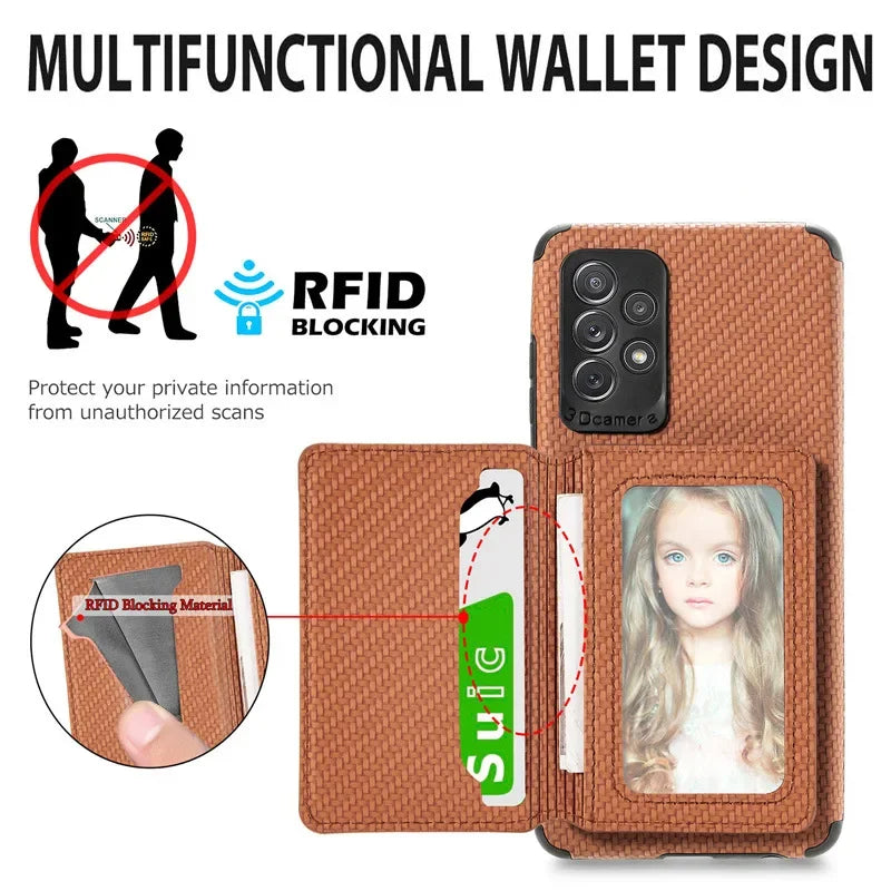 Carbon Fiber RFID Magnetic Leather Wallet Card Holder Case for Samsung Galaxy S25 S26 S22 Plus S21 S23 S24 Ultra S20 Fe Cover