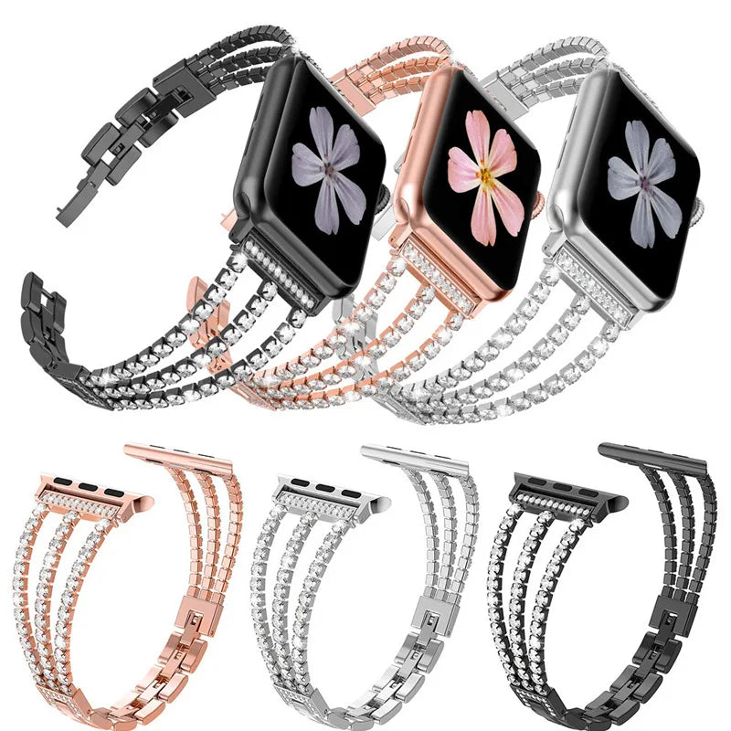 Metal Chain-styled Watch Strap for All Range of Apple Watch Series Diamond-encrusted Chain Stainless Steel Watch Band