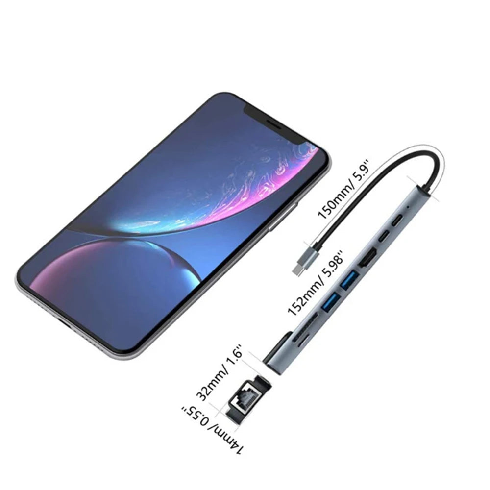 8 In 1 USB C Hub Type C 3.1 To 4K HD Adapter with RJ45 SD/TF Card Reader PD Fast Charge for MacBook Notebook Laptop Computer