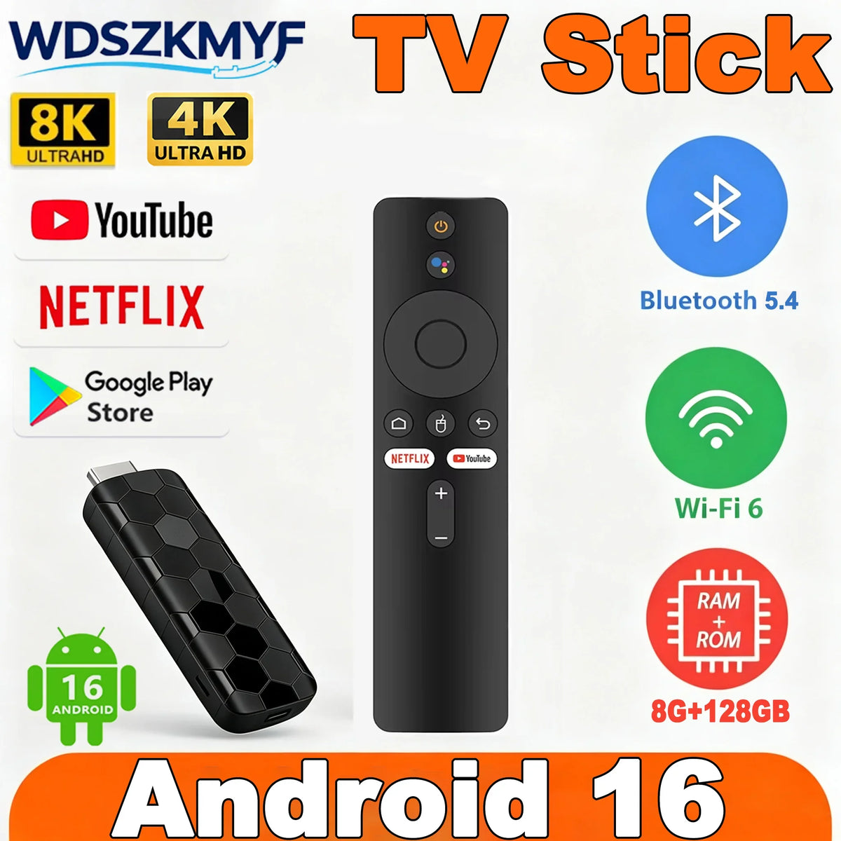 Android 16 4K/8K UHD Streaming TV Stick 8GB+128GB Storage WiFi6 Bluetooth Friendly UI Home Theater Player For Netflix YouTube