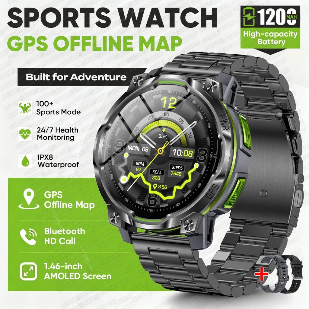 1200mAh Massive Power Outdoor GPS Smart Watch Offline Map 1.43“ HD Screen IPX8 Waterproof Compass Military 107+Sports Watch Men