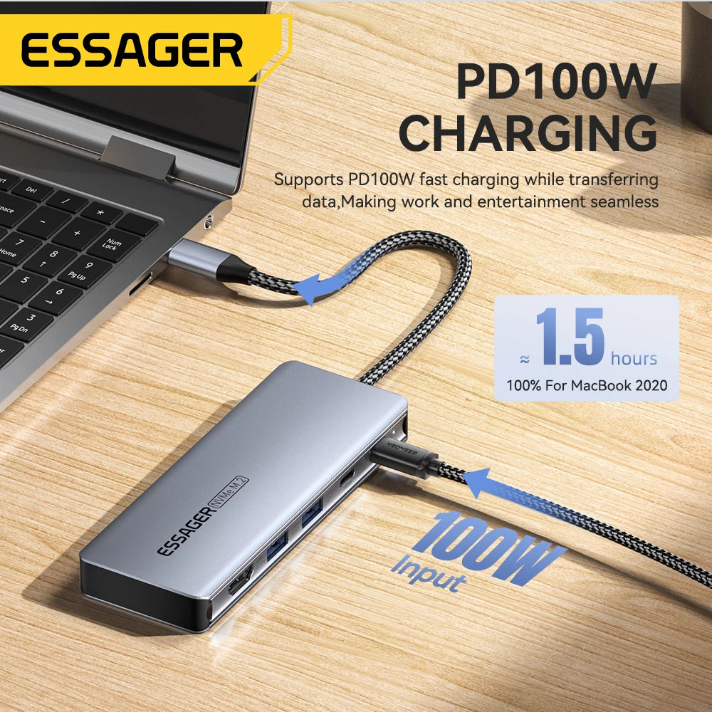 Essager USB C Hub With M.2 SSD Hard Disk Enclosure 6/7 in 1 PD100W USB3.2 10Gbps HDMI USB Type C Adapter for Macbook Pro Air PC