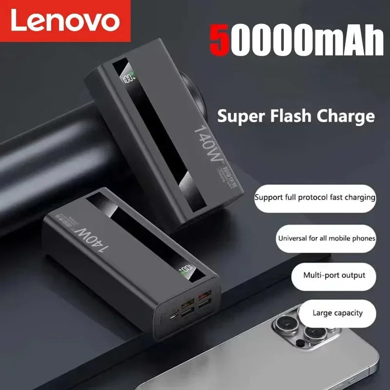 Lenovo CCC 500000mAh 140W Powerbank Super Fast Charging Portable Battery Charger Ultra Capacity LED Digital Display 2027NEW