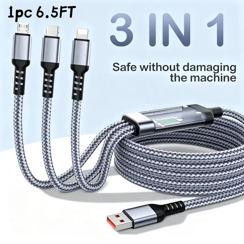 1PC Grey 2M/6.5FT USB Nylon Braided 3 In 1 Fast Charging Cable With Type-C, Micro USB, IP Port,For Iphone For Samsung For Huawei, Multi Port Multiple Charging Wire