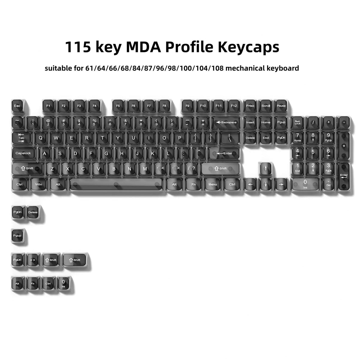 115 Keys Black Transparent Clear Keycaps Crystal Ceramic PC Keycap RGB Shine Through Key Cap MDA Profile for MX Switch Keyboard