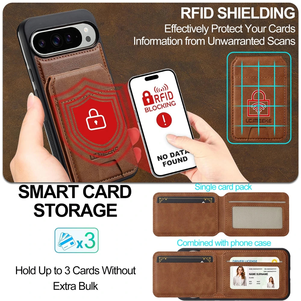2 in 1 Leather Case for Google Pixel 10 10Pro 10A 9 9Pro 9A 8 8Pro 8A 7 7A Pro XL ProXL Cards Bag Wireless Charging Phone Cover