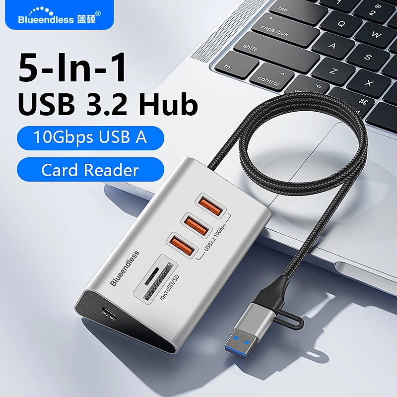 Blueendless Aluminium USB3.2 Gen2 10Gbps HUB with TF/SD Card Reader USB-C/USB A Hub 5-In-1 8 in 1 for PC Computer Laptop macbook
