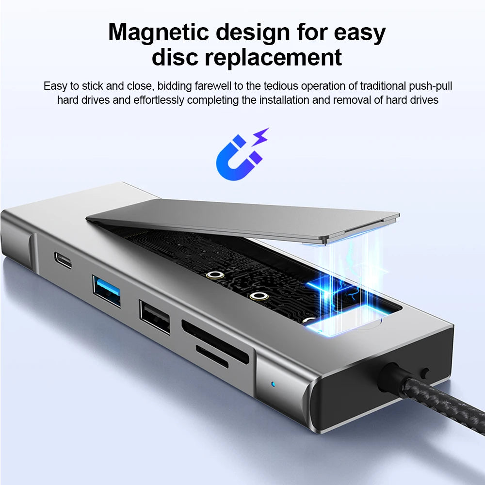 8-in-1 USB 3.2 Hub With Disk Storage Function M.2 SATA NVME SSD Type C to HDMI-Compatible Splitter SD/TF Reader For Macbook Pro