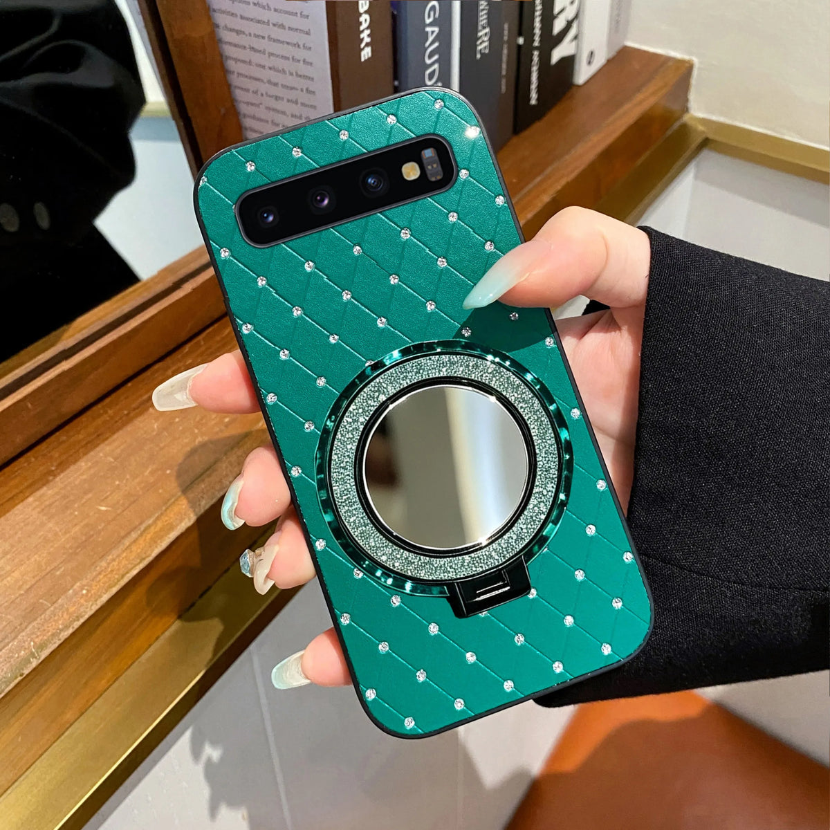 Rhombus Grid Leather Phone Case Makeup Mirror Magnetic Ring for Samsung Galaxy S10 Galaxy S10 5G Galaxy S10+ Galaxy S10 Lite