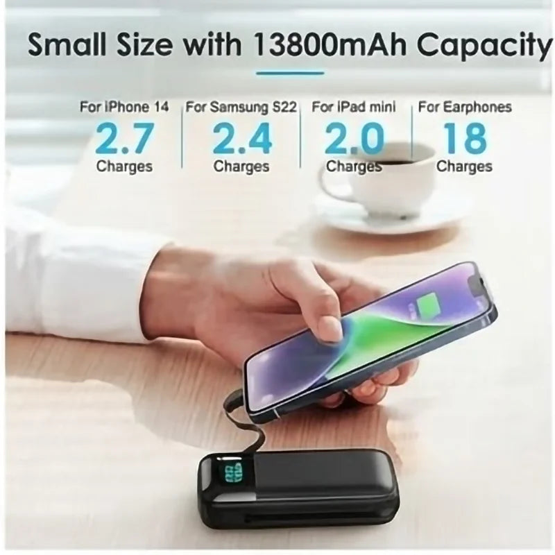 13800mAh Power Bank Built-in Cables 18W PD Fast Charging Portable Charger LCD Digital Display 4 Outputs Battery Pack for iPhone 17 16 15 14 13 Pro Max Samsung Galaxy S26 S25 S24 Ultra Google Pixel Tablet