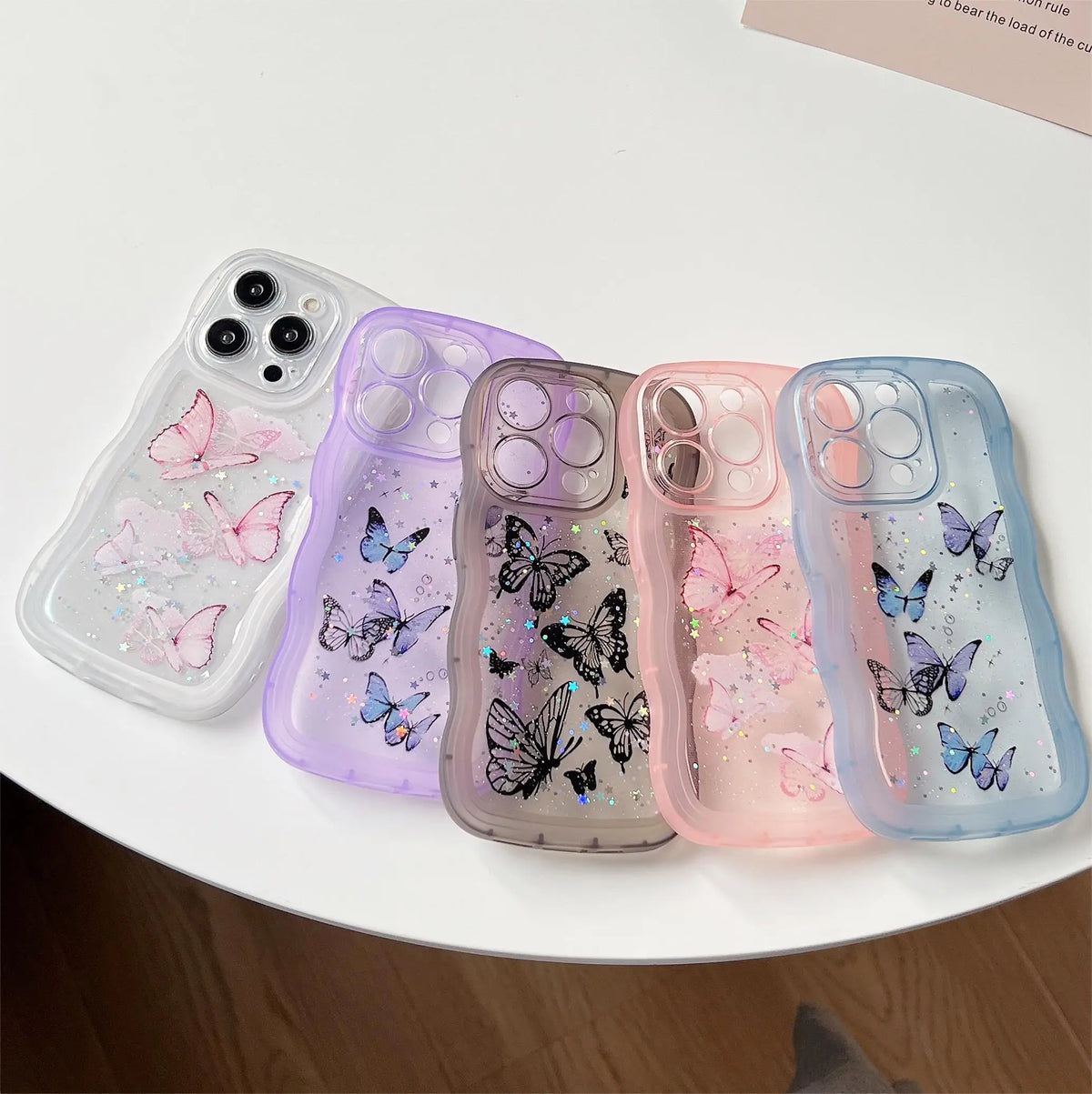 Luxury Glitter Starry Sky Butterfly Resin Irregular Wavy Edge Phone Case for iPhone 11 12 13 14 15 16 17 Pro Max + Plus