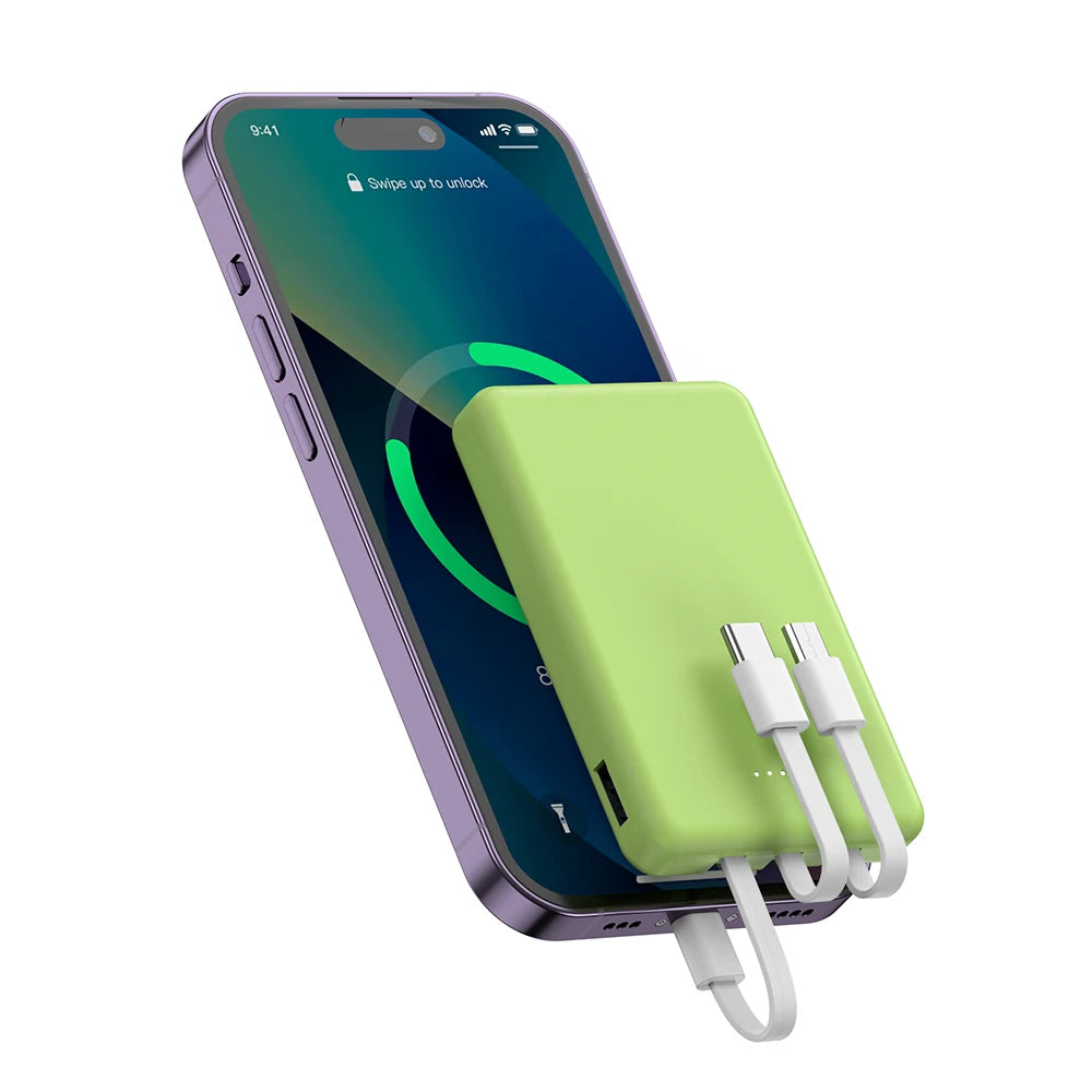 Mini 5000mAh Portable Power Bank With Built-in LED Digital Display, 1 USB-A Port and 3 Integrated Charging Cords, Ultra Compact External Battery Pack, Support Multiple Devices Simultaneous Charging Compatible With Android Sm