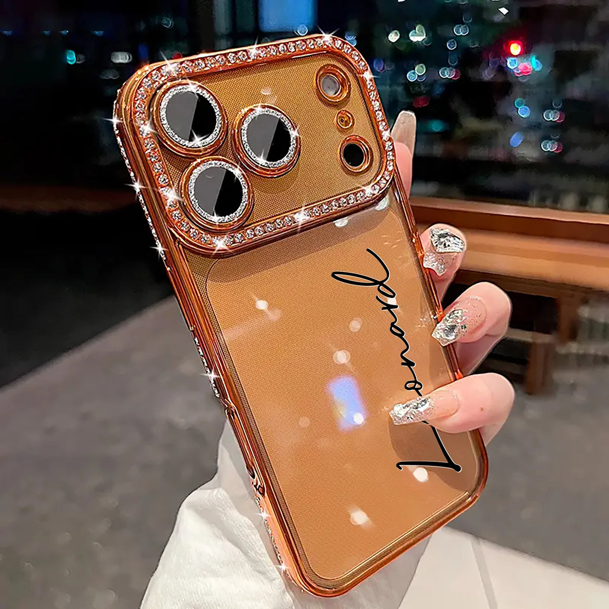 Custom Letters Name Starry Orange Rhinestone Glitter Frame Transparent Phone Case For iPhone 11 12 13 14 15 16 17Pro Max 17 Air
