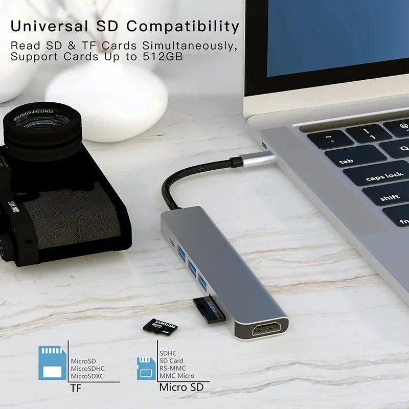 7 in 1 USB C HUB USB 3.0 HDMI 4K 60Hz Video USB2.0 SD TF Card Slot Reader Multi-Ports PD Charging for PC/Laptops/MacBook Pro