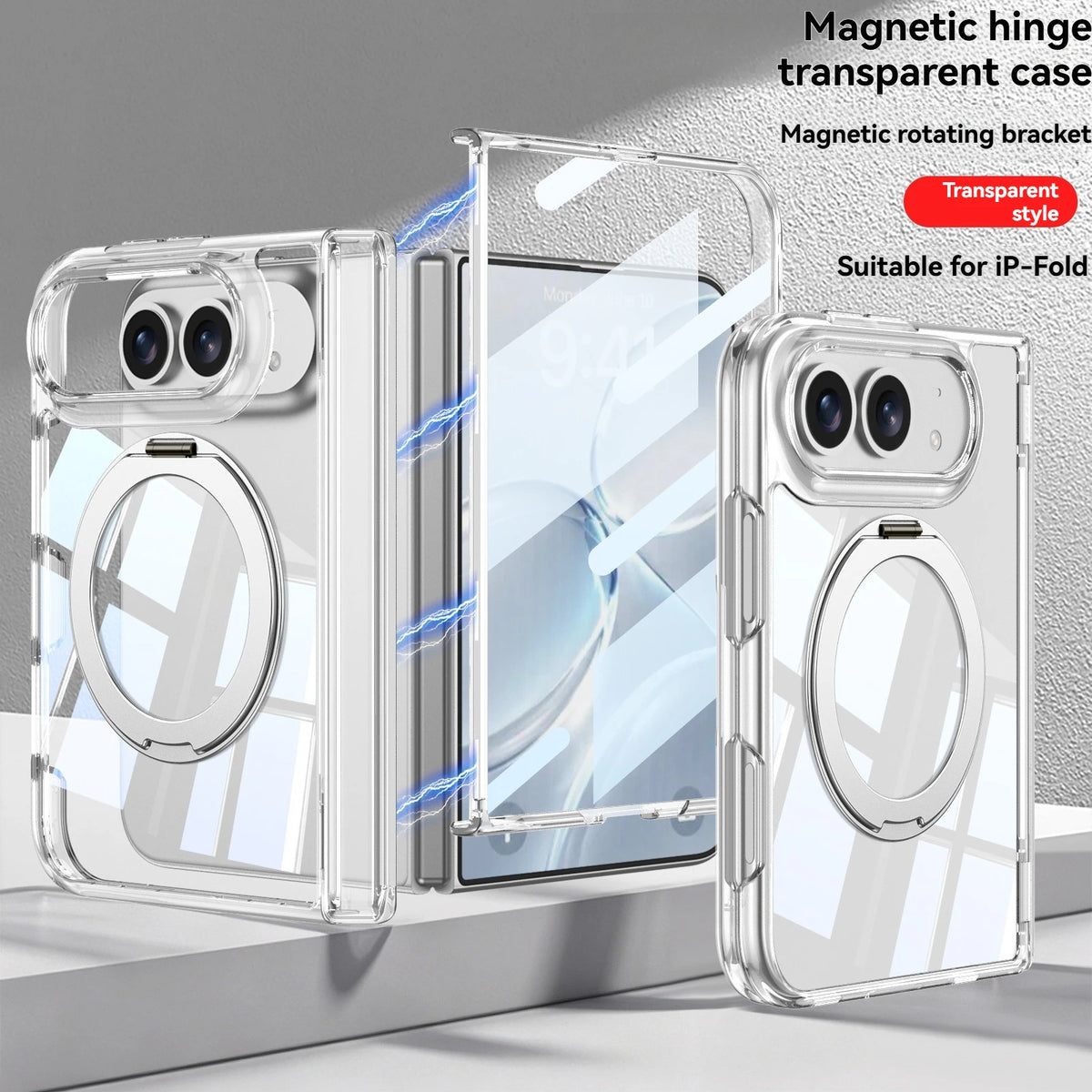 For iPhone Duo Fold Transparent Stand Phone Case with Magnetic Hinge Protection Compatible Film Integrated Design