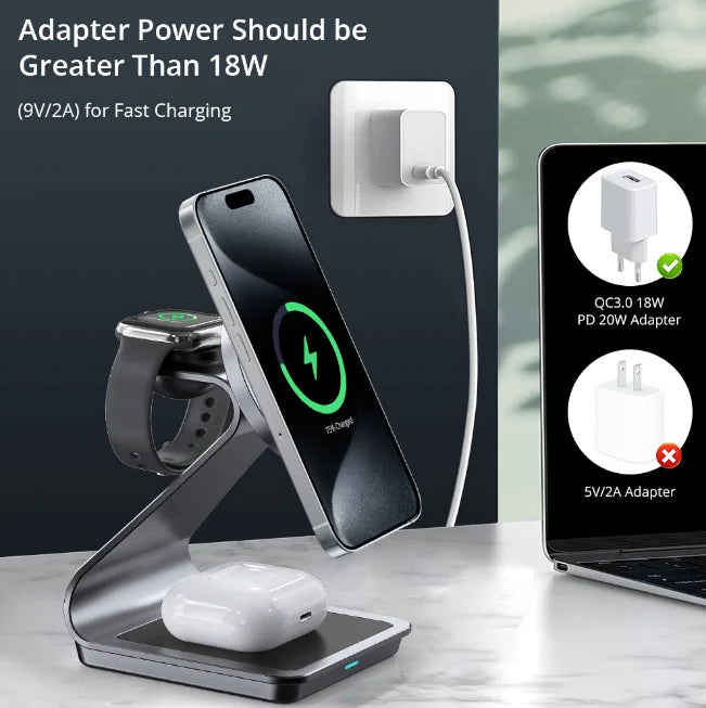 3 in 1 Magnetic Wireless Charger Station Multi Device Fast Charging Stand for Smartphone Watch TWS Earbuds