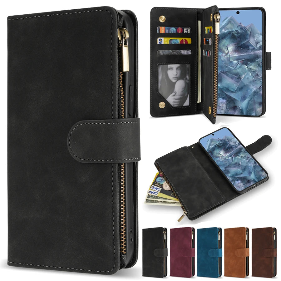 Wallet Multi-card Slot Zipper Magnetic Flip Leather Case For Google Pixel 10 Pro XL 9a 9Pro 8a 8 7Pro 7a 6Pro 6a Cover Shell
