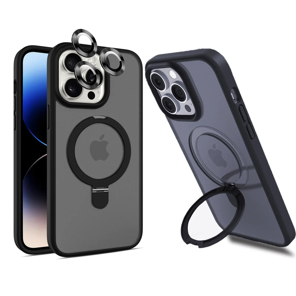 Magnetic Mobile Phone Case with Ring Stand for iPhone 17 16 15 14 Pro Max Plus 13 12 11 Cases Translucent Cover with Protector