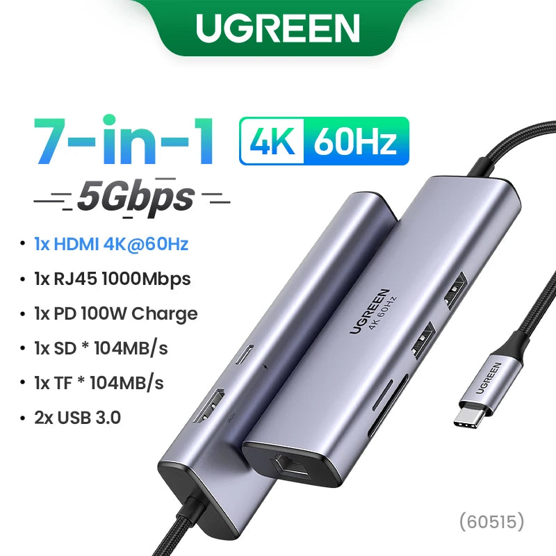 UGREEN USB C HUB 4K60Hz 7-in-1 Type C to HDMI PD100W SD&TF RJ45 USB3.0 5Gbps for MacBook Laptop USB Splitter Docking Station
