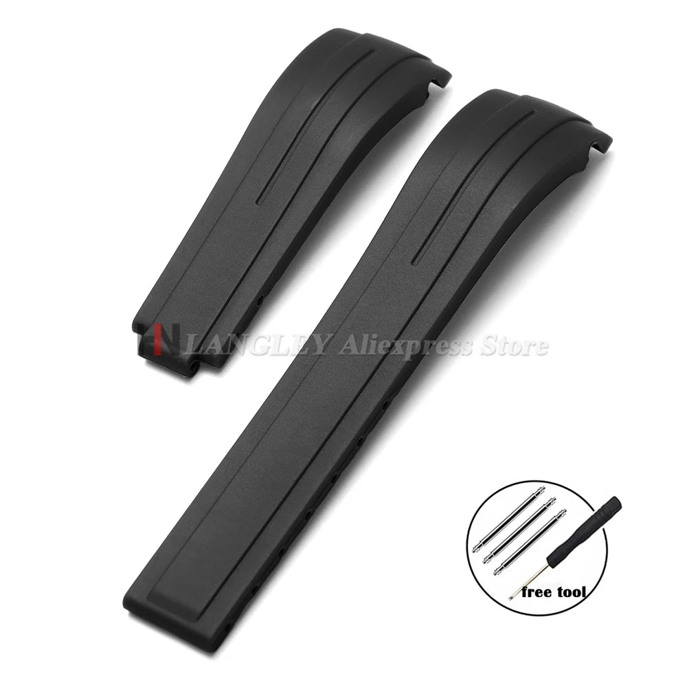 Curved Rubber Watch Bracelet 20mm 21mm 22mm for Rolex Green Water Ghost for Oysterflex Waterproof Silicone Folding Buckle Straps