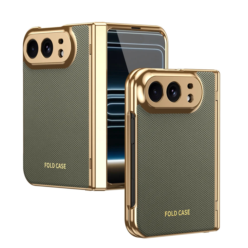 KEYSION Luxuxy PU Leather Fold Phone Case for iPhone Duo Plating Hard PC Shockproof Back Cover With Hinge+HD Screen Protector