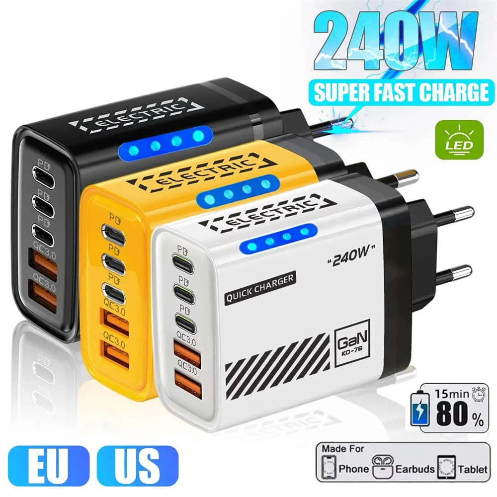 240W GaN USB C Charger 5 in 1 Fast Charging Phone Charger Power Adapter For iPhone Samsung Xiaomi Type C EU/US Plug Wall Charger