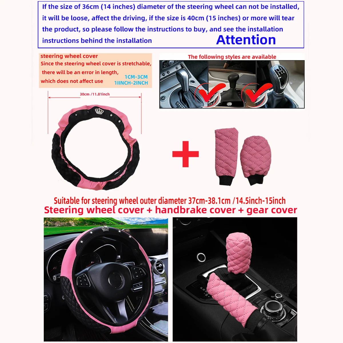 3Pcs PU Leather Crown Diamond Inlays Steering Wheel Cover Gear Shift Cover Handbrake Cover for Cars without Inner Ring