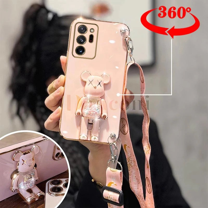Cartoon Bear Lanyard Plating Phone Stereoscopic Holder Case For Samsung Galaxy Note 20 Ultra Note 10 Lite 8 9 M30S M42 M54 Cover