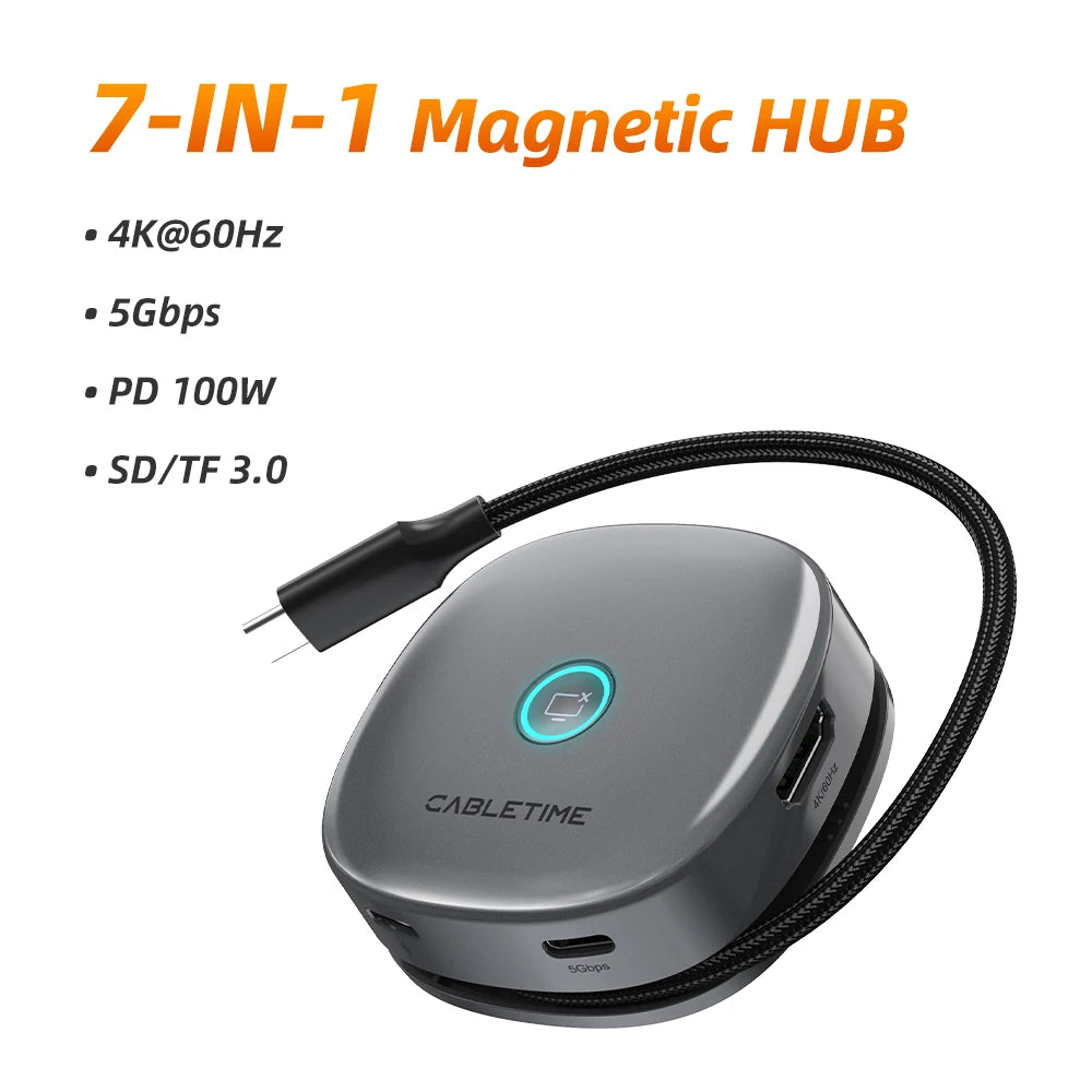 CABLETIME USB C Hub Magnetic Hub 7 in 1 4K@60Hz 5Gbps Resolution Fast Data Transmission SD/TF 3.0 for Laptop iPhone 17 Pro