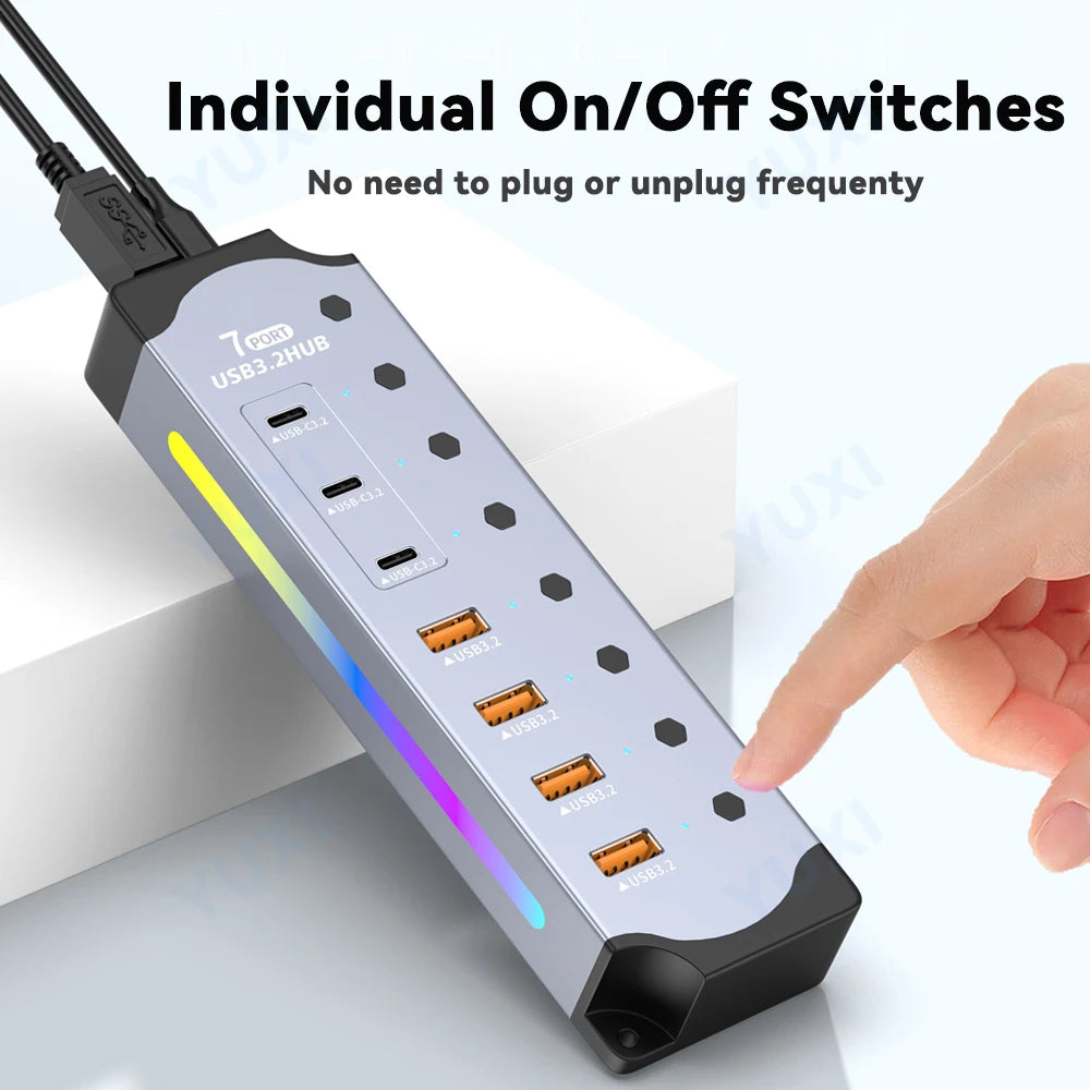 7 in 1 USB 3.2 Gen 2 HUB Powered USB 3.2 Splitter 10Gbps USB A Type C HUB Individual Switch Multiport RGB Expander For Laptop PC