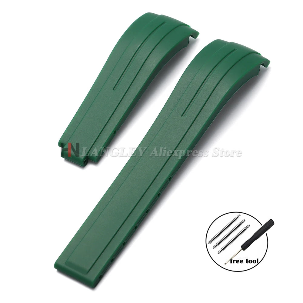 Curved Rubber Watch Bracelet 20mm 21mm 22mm for Rolex Green Water Ghost for Oysterflex Waterproof Silicone Folding Buckle Straps