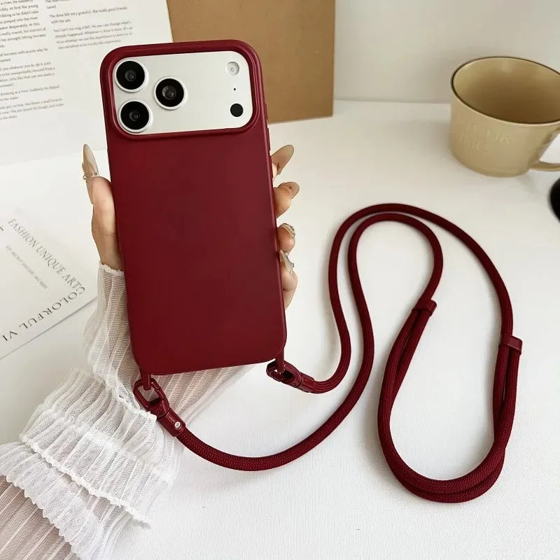 Original Silicone Lanyard Phone Case For iPhone 17 16 15 14 13 Pro Max 17Pro 16Pro Air Shockproof Crossbody Cord Strap Cover