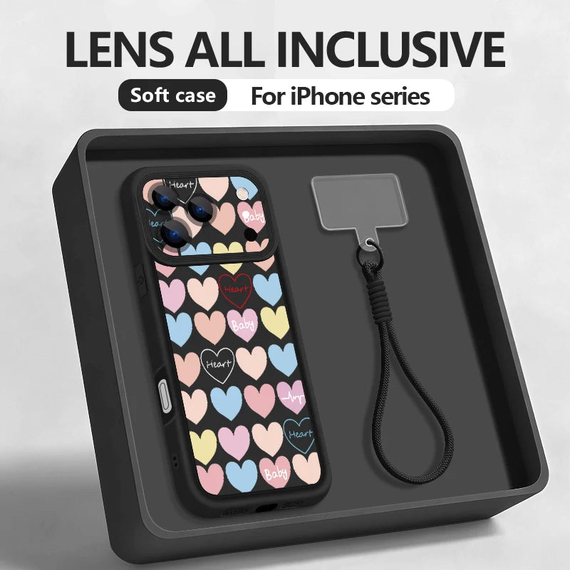 Colorful Heart Printed With Strap Phone Case For iPhone 17 Pro Max 17e 16e 16 15 14 Pro Max 13 12 Pro Shockproof Soft TPU Cover
