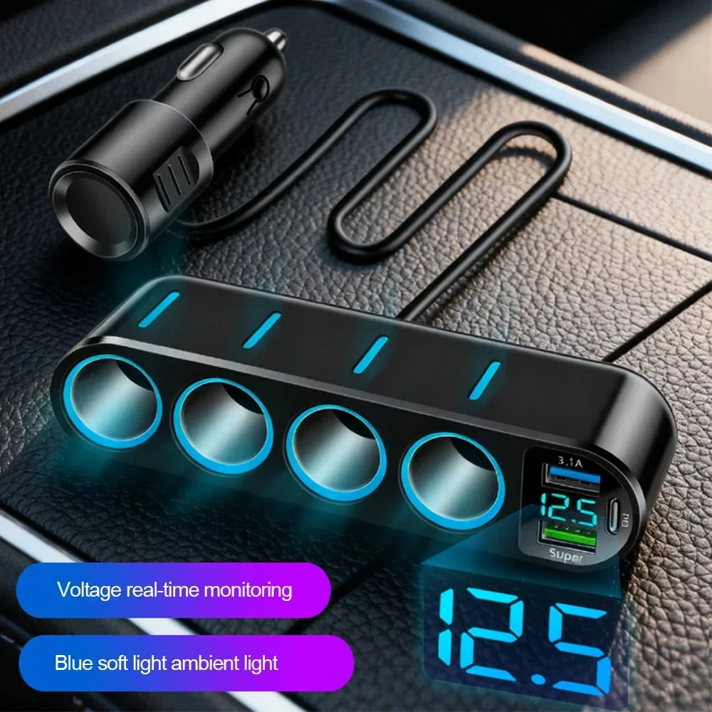 7 in 1 USB Type C Car Cigarette Lighter Splitter 4-Socket Fast Charger Power Adapter for Car DVR GPS Dashcam 12V 24V