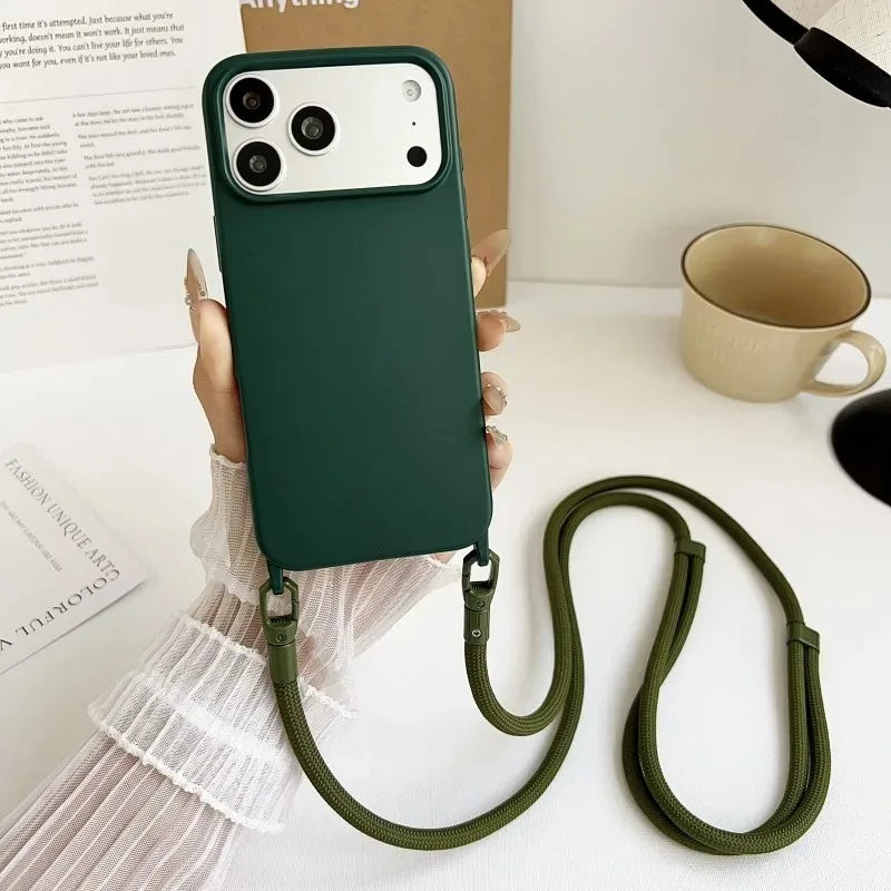 Original Silicone Lanyard Phone Case For iPhone 17 16 15 14 13 Pro Max 17Pro 16Pro Air Shockproof Crossbody Cord Strap Cover