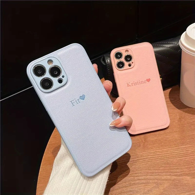 Personalize Customize DIY Initial Name Leather Soft Case For iPhone 16 15 14 Pro Max 11 12 13 X S XR 7 8 Plus Protective Cover