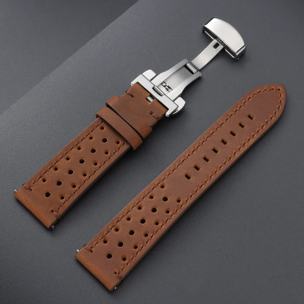 18/19/20/21/22/24mm Vintage Cowhide Watch Strap Brown Black Top-Grain Leather Watch Band Quick Relase Butterfly Buckle Bracelet