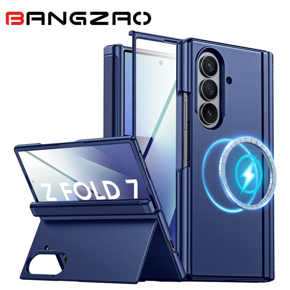 Magnetic Case for Samsung Galaxy Z Fold 7 with Hidden Kickstand, Built-in 9H Glass Screen Protector & Hinge Protection-Blue