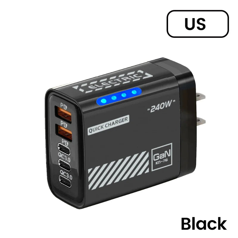 New 240W GaN Phone Fast Charger 5 Ports 3USB 2PD Fast Charging QC 3.0 Wall Charger Adapter For iPhone Samsung Xiaomi US EU