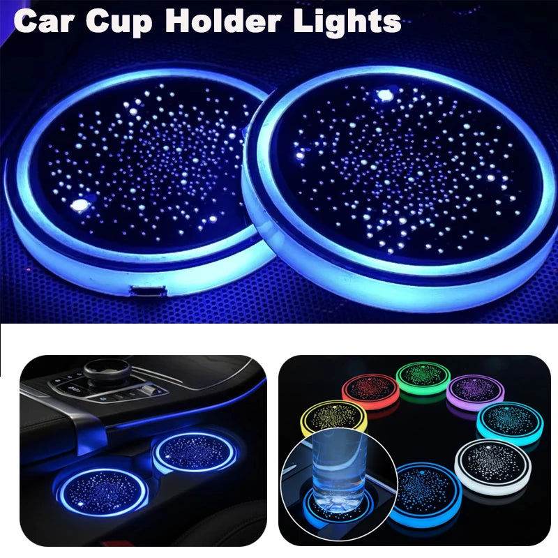 1/2PCS LED Car Cup Holder Lights, Light up Car Coasters for Cup Holders 7 Colors Changing USB Charging Mat Waterproof Cup Pad